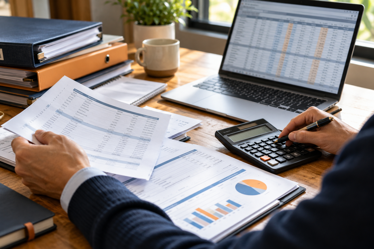 Illustrative bookkeeping scene with financial records, a calculator and a laptop