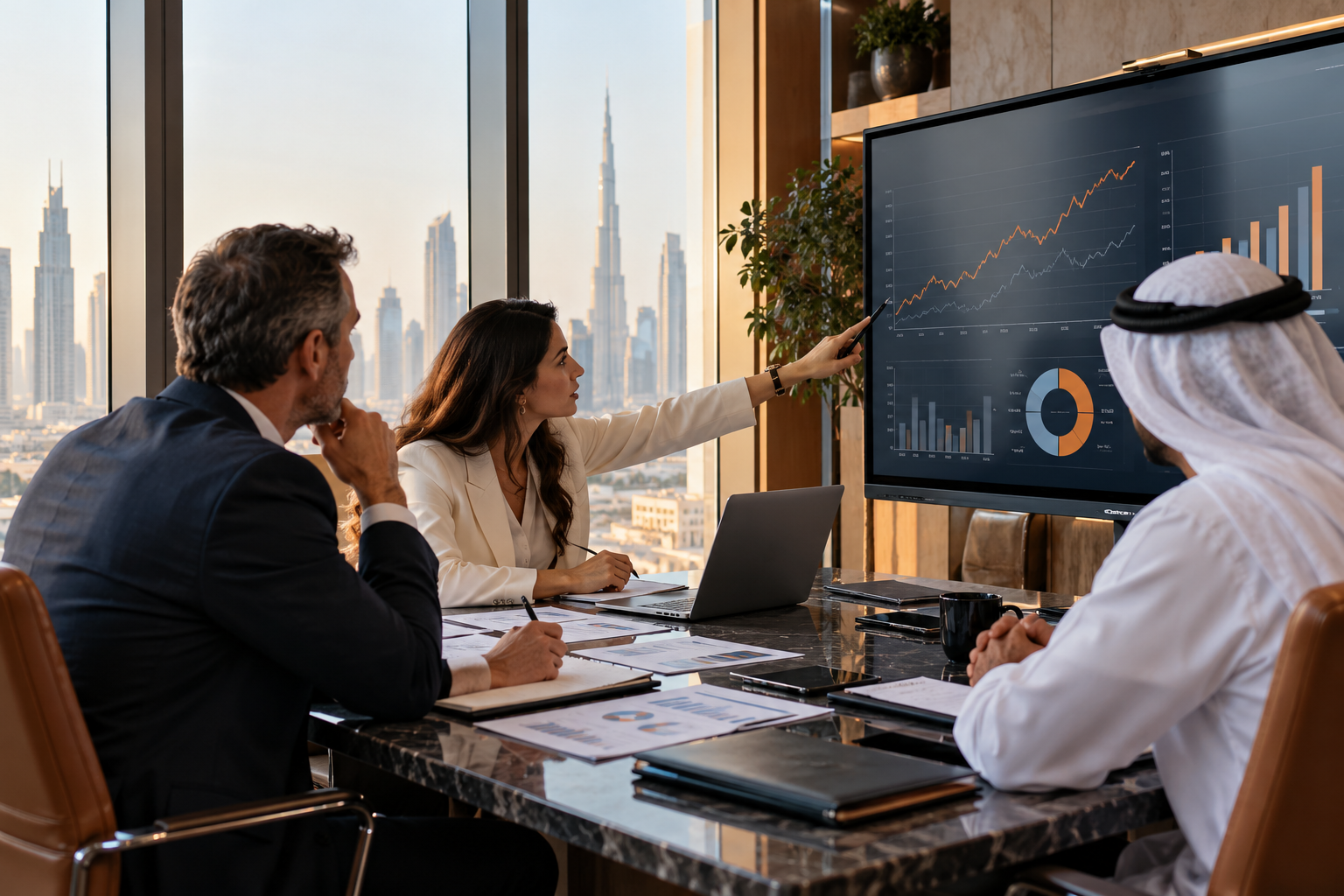 Illustrative finance planning meeting reviewing business performance