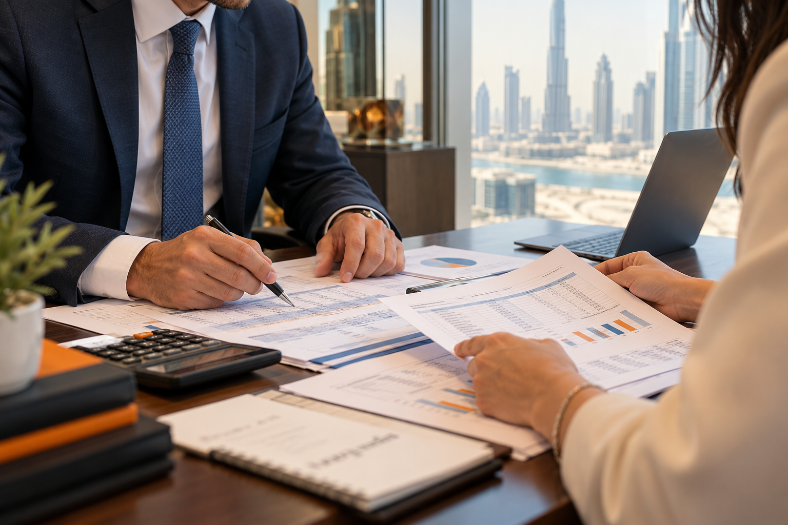 Illustrative tax advisory consultation reviewing financial schedules