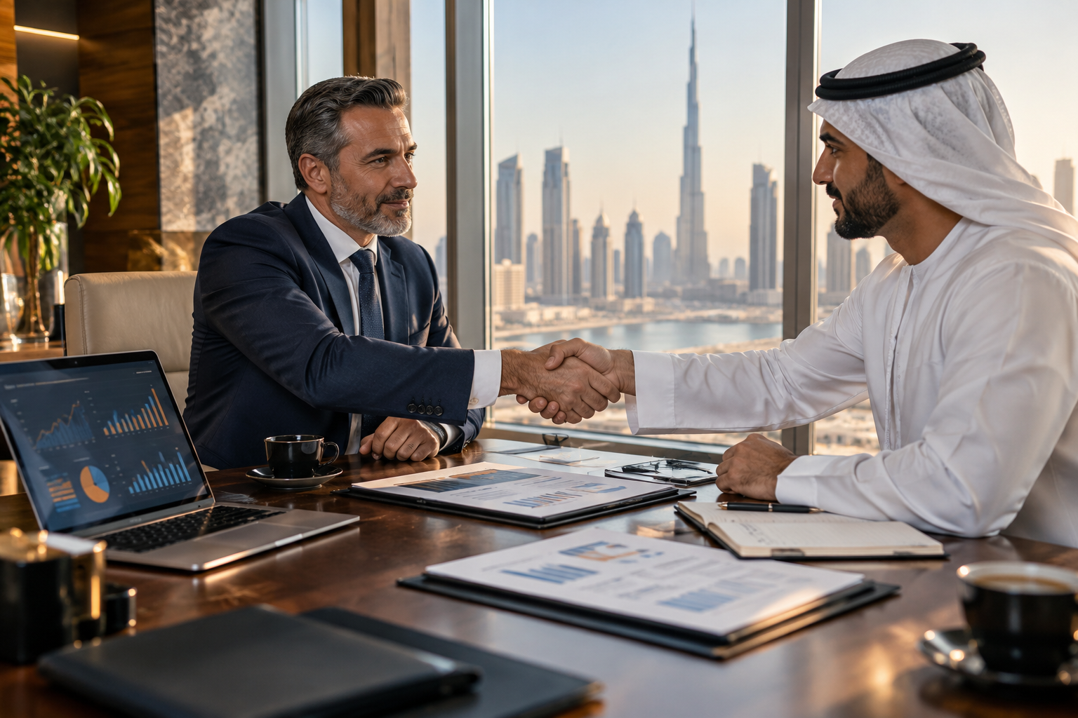 Illustrative business transaction meeting with valuation documents